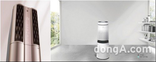 ▲ LG 휘센 인공지능 에어컨(왼쪽)과 퓨리케어 360도 공기청정기.