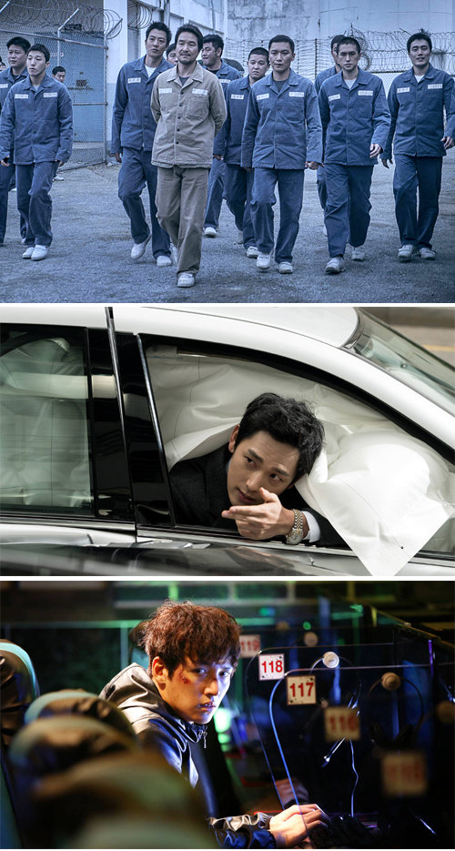 올해 개봉한 범죄오락 영화들. 교도소에서 벌어지는 범죄 이야기를 다룬 배우 한석규 주연의 ‘프리즌’(첫번째 사진)과 신종 범죄사기극을 다룬 ‘원라인’(두번째 사진), 게임을 소재로 활용한 범죄오락 영화 ‘조작된 도시’. 쇼박스·NEW·CJ엔터테인먼트 제공