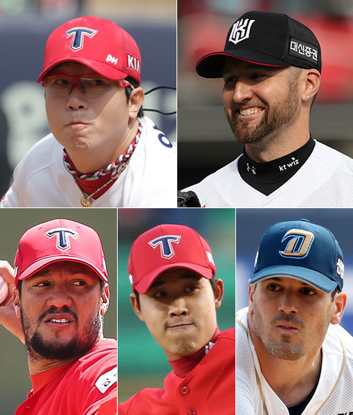 KIA 양현종(방어율 1.52)-kt 피어밴드(방어율 1.67)-NC 맨쉽(방어율 1.69)-KIA 임기영(방어율 1.99)-KIA 헥터(방어율 1.99). (왼쪽 상단부터 시계방향으로). 사진제공｜스포츠코리아