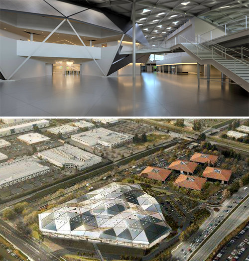 엔비디아가 개발한 소프트웨어(SW) ‘엔비디아 아이레이’를 통해 가상현실(VR)에서 구현한 엔비디아 신사옥의 완공 후 내부 모습(위쪽 사진).
 아이레이는 사물별로 각기 다른 빛의 반사값을 계산해 실제로 사물이 어떻게 보이는지를 실시간으로 VR에서 구현해낸다. 신사옥 
지붕에는 삼각형으로 뚫린 구멍들이 유리로 덮여 있는데, 이 구멍을 통해 빛이 들어온다(아래쪽 사진). 엔비디아 제공