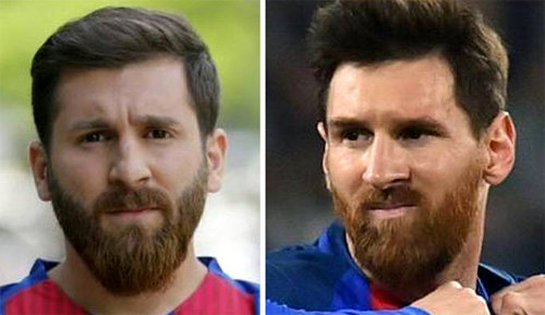 아르헨티나의 축구 스타 리오넬 메시(오른쪽)를 쏙 빼닮은 외모로 화제가 된 이란 청년 레자 파라스테시 씨. 사진 출처 BBC 홈페이지