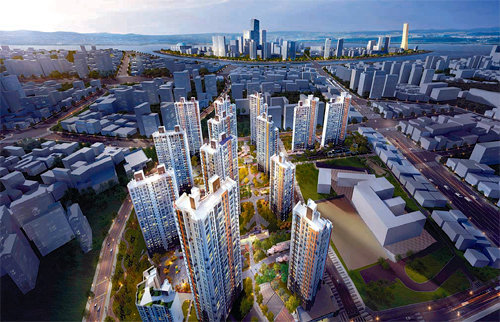 뉴타운은 서울의 편리한 생활기반시설을 바탕으로 계획적인 개발이 이뤄지는 택지지구의 장점을 모두 누릴 수 있다는 이점이 있어 
주목받는다. 사진은 서울 영등포구 신길뉴타운 5구역에 5월 공급될 예정인 SK건설의 ‘보라매 SK VIEW’ 조감도. SK건설 
제공