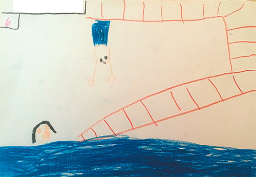 ▲ 미등록 이주아동이 그린 자신의 모습. 바다에 빠진 자신을 사촌이 구하러 오고 있는 모습이라고 설명했다. 남양주외국인복지관 제공