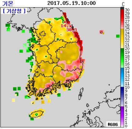 2017년 5월 19일 10시 기온 분포도/기상청 제공