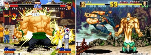 아랑전설 시리즈의 한 장면. 기술중에 아예 근육질 노인으로 변신하는 초필살기가 존재했다 (출처=게임동아)