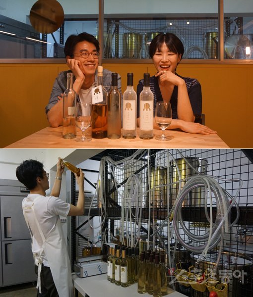 미더리(meadery:꿀술 양조장) 스타트업 ‘곰 세 마리’의 공동대표 유용곤(위) 씨와 양유미씨. 창립멤버인 유용곤씨가 제조를 맡고, 양 대표는 홍보 및 마케팅을 담당하고 있다. 오른쪽 사진은 서울 신림동에 있는 ‘곰 세 마리’의 양조시설에서 병입과 라벨링을 마친 꿀술을 확인하는 유용곤 대표. 독학으로 익힌 양조기술로 상품용 꿀술을 완성하기까지 5년의 시간이 걸렸다. 김재범 기자 oldfield@donga.com