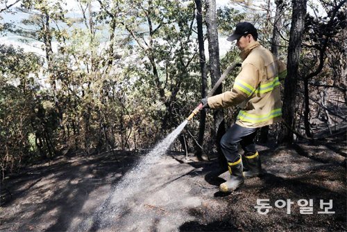 “꺼진 불도 다시 한번” 잔불 처리하는 소방관 2일 오전 9시 반 산림 3만9600㎡가 불에 탄 서울 노원구 수락산에서 소방관이 잔불을 처리하기 위해 물을 뿌리고 있다. 불은 이날 오전 10시 50분경 완전히 꺼졌다. 장승윤 기자 tomato99@donga.com