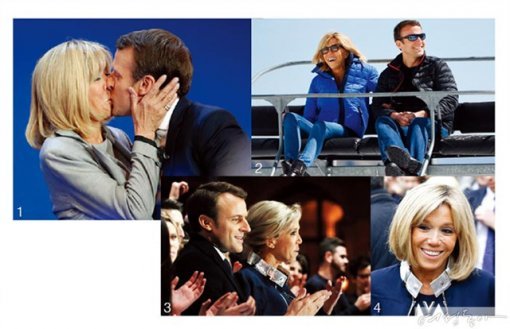 1_4월 23일 프랑스 파리에서 대선 결선 진출을 축하하는 앙 마르슈의 마크롱 후보와 아내 브리짓 트로뉴. 
2_4월 12일 프랑스 서남부 지역 캠페인에 참가, 점심 식사를 위해 나란히 앉은 마크롱 부부.
3_대선 투표 당일인 5월 7일 마크롱 부부가 파리 루브르 박물관의 피라미드 앞에서 지지자들에게 박수갈채를 보내고 있다. 
4_5월 7일 투표소를 나와 환한 미소를 짓는 트로뉴.