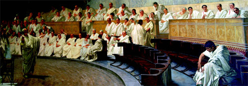 카틸리나의 반란 행위를 규탄하는 로마 원로원의 모습을 묘사한 그림. 이탈리아 화가 체사레 마카리가 1888년 에그린작품이다.왼쪽에서있는사람이키케로,오른쪽구석에홀로앉은사람이카틸리나다.다른제공