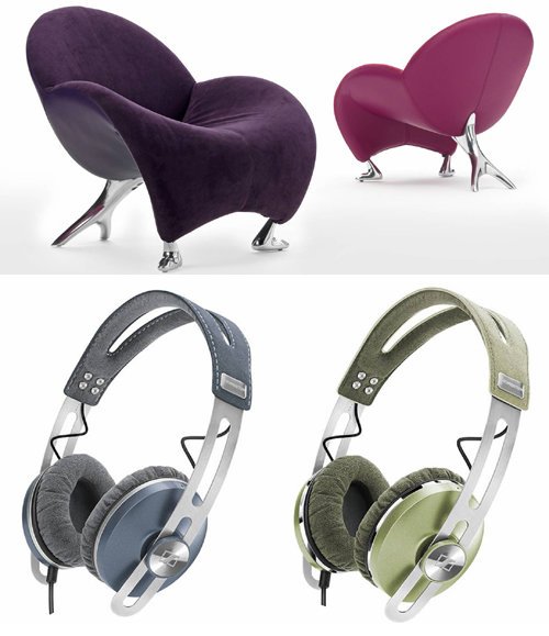 알칸타라가 적용된 제품은 다양하다. 위쪽부터 미국의 디자인가구 레오룩스의 안락의자, 독일 음향업체 젠하이저의 헤드폰. 알칸타라 제공