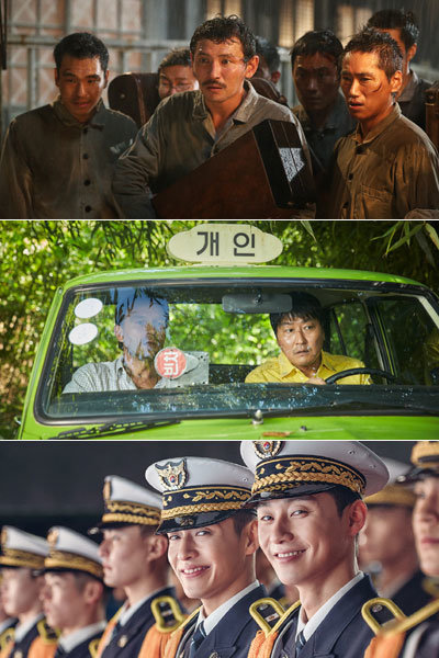 영화 ‘군함도’-‘택시운전사’-‘청년경찰’(위에서부터) . 사진제공｜외유내강·더램프·무비락