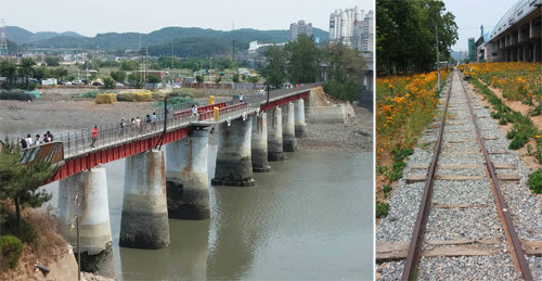1937년 개통된 협궤열차 수인선의 흔적들. 인천과 경기 시흥시를 잇는 소래철교(왼쪽)와 경기 안산시의 철로.