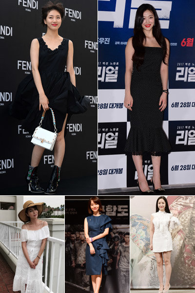 올여름은 어깨를 드러내는 원피스가 패셔니스타들의 주요 아이템이다. 수지와 설리는 민소매, 이정현과 박민영은 원숄더, 이민정(맨왼쪽 위부터 시계방향)은 오프숄더로 저마다 매력을 강조하고 있다. 김진환 기자 kwangshin00@donga.com·KBS제공·이민정 인스타그램