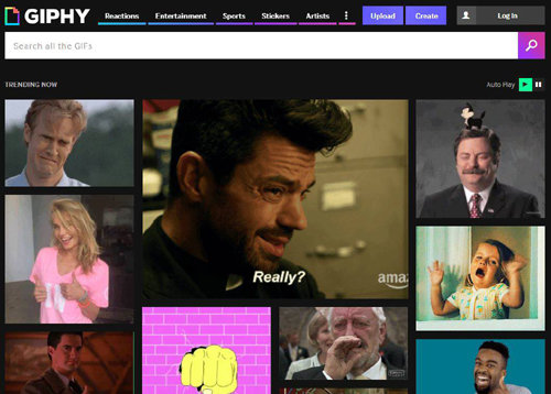 미국 ‘움짤’ 포털인 기피(GIPHY)의 메인 화면. 어려서부터 스마트폰을 쥐고 인스타그램, 스냅챗의 짧은 동영상에 익숙한 밀레니얼 세대는 이곳에서 문자나 이모티콘 대신 자신의 감정을 찾아 움짤로 표현한다. 인터넷 화면 캡처