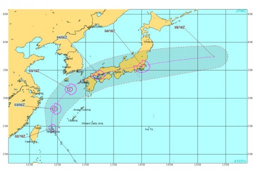 3호 태풍 난마돌, 내일 새벽 제주 전역 강타…부산 등 남부지방은 간접 영향만/미국합동태풍경보센터의 3호 태풍 난마돌 예상경로.