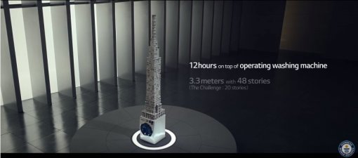 LG전자 드럼세탁기 위 카드탑 쌓기 광고 (2016) (출처=LG전자)