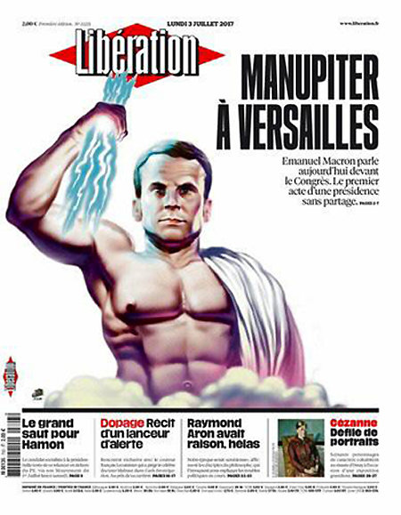 ‘주피터 마크롱’ 에마뉘엘 마크롱 프랑스 대통령을 그리스로마신화에 나오는 신 ‘주피터’로 표현한 현지 일간 리베라시옹의 3일자 1면. 리베라시옹 웹사이트 캡처