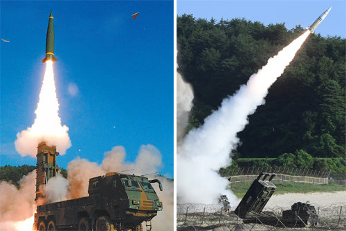 한미 첫 ‘미사일 시위’ 전날 북한의 대륙간탄도미사일(ICBM) 도발에 대응해 5일 한미 양국군이 
동해상에서 북한 지휘부를 타격할 수 있는 미사일 훈련을 실시하고 있다. 한국군은 사거리 300km의 현무-2A 탄도미사일을 
발사했고(왼쪽 사진), 주한미군은 전술지대지미사일(ATACMS)로 북한을 위협했다. 합참 제공