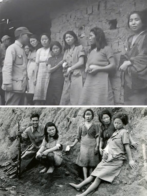 1944년 중국 쑹산에서 미중 연합군 소속 중국인 장교가 일본군 위안부 피해 여성들을 신문하고 있다. 이는 미국 국립문서기록관리청에서 발견된 위안부 동영상의 한 장면이다(위 사진). 아래 사진은 2000년 위안부 피해자 고 박영심 할머니가 자신을 ‘만삭 여성’ 당사자라고 밝혀 화제가 됐던 사진이다. 서울시·서울대 정진성 교수 연구팀 제공