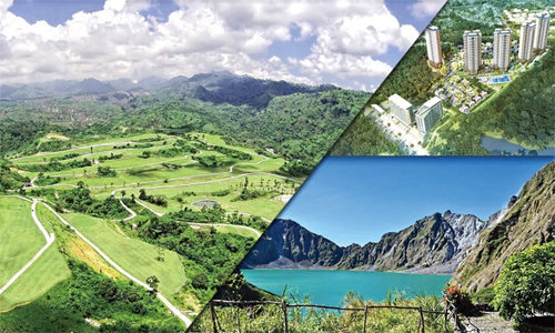 필리핀의 대표적 관광지 클라크에 추진하는 포스코의 더 샵 브랜드 해외 1호 단지 ‘더샵 클락힐즈’(오른쪽 위) 인근의 선밸리 골프클럽 전경(왼쪽)과 유명 관광지 피나투보 산.