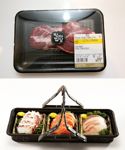 롯데백화점이 90g 단위로 포장해 파는 돼지고기(위)와 이마트가 50g씩 포장한 1인분 생선회.