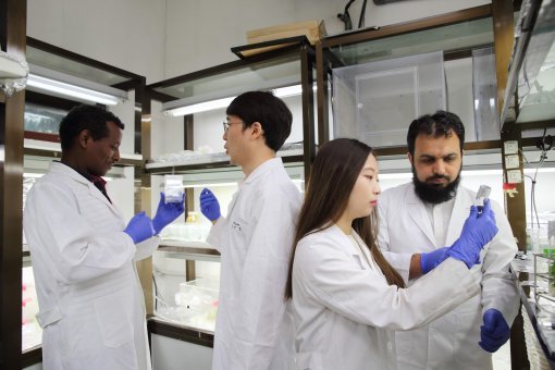 응용생명과학부(식물생명과학전공) 학생연구원들이 외국인 유학생들과 함께 배양실에서 생육과정을 점검하고 있다.