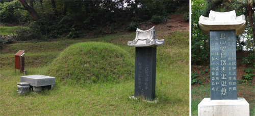서울 망우묘지공원의 독립운동가 유상규 묘(왼쪽)와 도산 안창호 묘비.