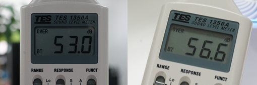 사무실 소음(좌)와 그 안에서 엔보우 터미네이터를 작동했을 때의 소음(우)을 비교한 이미지. (출처=IT동아)