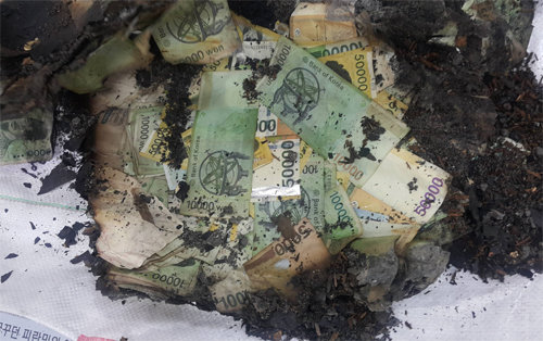 대구 서문시장 화재 현장에서 불에 탄 채 발견된 2000만 원어치의 화폐. 한국은행 제공