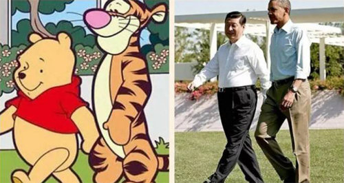 2013년 시진핑 중국 국가주석이 미국을 방문해 버락 오바마 전 대통령과 함께 걷는 모습(오른쪽 사진)이 만화 주인공 ‘곰돌이 푸’(시 주석)와 ‘티거’(오바마 전 대통령)를 연상케 한다는 의견이 많았다. 파이낸셜타임스 홈페이지 캡처