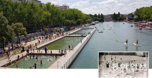 강물 그대로 수영장… 20분만에 수용 인원 꽉차 17일 프랑스 파리 19구 센강 지류 우르크 운하에 
마련된 바생 드 라 빌레트 수영장에 강물을 이용한 수영장이 개장되자 20분 만에 수용 인원 300명이 꽉 찼다. 센강에서는 
1923년부터 94년 동안 수영이 금지됐다. 오른쪽은 자유롭게 센강에서 수영을 즐길 수 있었던 1921년 모습. 파리=동정민 기자
 ditto@donga.com