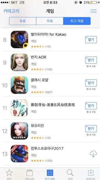 지난 7월19일 IOS 순위 / 게임동아