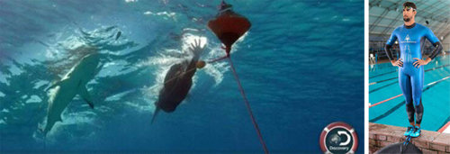 디스커버리채널이 23일 방송한 ‘인간 수영 황제’ 마이클 펠프스와 상어의 수영 경기 장면(왼쪽). 상어 지느러미를 닮은 보조장치가 달린 특수 수영복을 입은 펠프스(오른쪽)는 실제로 상어와 나란히 수영을 하지는 않았다. 화면에 등장하는 상어는 컴퓨터 그래픽(CG)이다. 디스커버리채널 영상 캡처