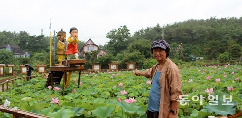 27일 제1회 백령심청연꽃축제가 열린 인천 옹진군 백령도 심청연꽃마을. 10년간 백령도 자생연을 키우고 있는 김진일 연꽃마을 촌장이 심청전을 주제로 한 연꽃 테마공원을 설명하고 있다. 박희제 기자 min07@donga.com