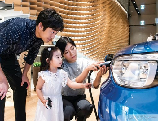 엄마와 함께 전기차 쏘울을 충전해보고 있는 모아.