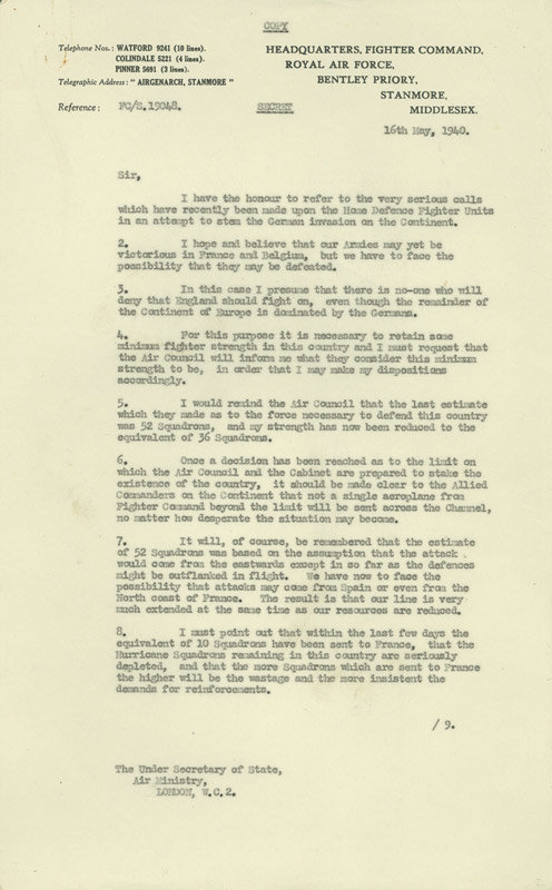 다우닝 대장이 처칠 총리에게 보낸 편지 중 첫 번째 장. RAF 박물관 소장.