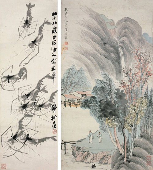 새우(왼쪽)와 산수(오른쪽)를 그린 치바이스의 작품.