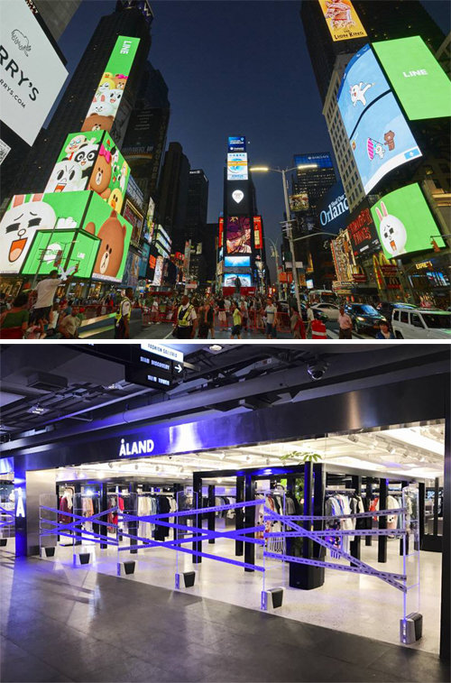 세계적인 도시의 핵심 상권에 진출하는 한국 브랜드가 늘었다. 1일(현지 시간) 미국 뉴욕 타임스스퀘어에 문을 여는 캐릭터 브랜드 
‘라인프렌즈’ 매장(위쪽)과 6월 태국 방콕 시암센터에서 오프닝 행사를 연 패션편집매장 ‘에이랜드’. 자료 각 업체