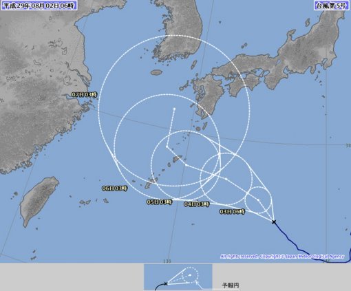 태풍 노루 경로 또 급변…6일 방향 틀어 한반도 향해 북상할 듯/일본 기상청이 2일 오전 6시 발표한 태풍 노루 예상경로.