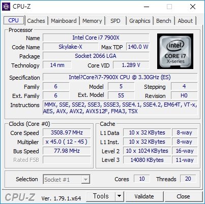 인텔 코어 i9 7900X 프로세서의 CPU-Z 정보.(출처=IT동아)