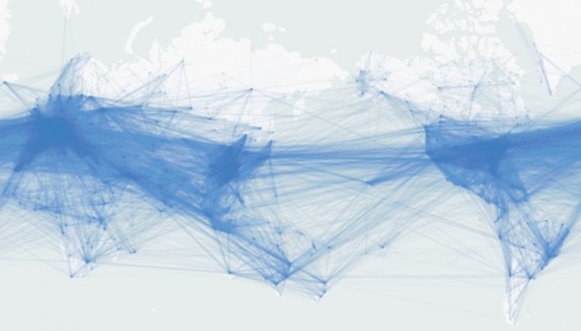 전 세계 (거의 모든) 항공 노선을 그린 세계지도. ‘오픈소스’로 항공 운항 정보를 제공하는 오픈플라이츠에 따르면 현재 6만7763개 노선이 운항 중입니다.