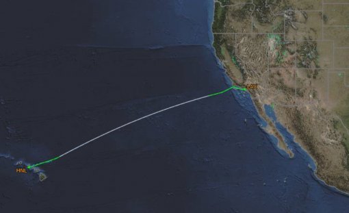 LA-호놀룰루 항로. 거리 약 4200km, 비행시간 약 5시간 40분. 자료 출처 : Flightaware.com