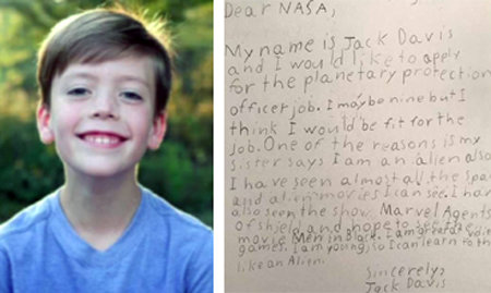 미국항공우주국(NASA·나사)에 당돌한 도전장을 내민 9세 소년 잭 데이비스(왼쪽)와 그가 직접 쓴 지원서. 사진 출처 데일리메일 홈페이지