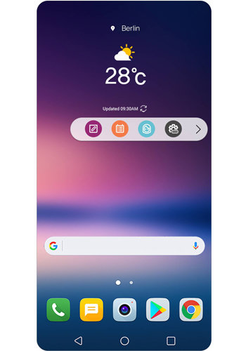LG전자 V30의 ‘플로팅 바’ 기능이 나타난 화면. 평소 반원 모양의 아이콘을 클릭하면 자주 쓰는 앱을 5개까지 좌우로 펼쳐 보여준다. LG전자 제공