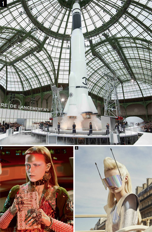 럭셔리 패션계가 우주 세상으로 변했다. [1] 거대한 로켓을 파리 그랑팔레 쇼장에 등장시킨 ‘샤넬’. [2] ‘스타트렉’을 소재로
 광고 캠페인을 만든 ‘구치’. [3] 안테나 선글라스로 미래 감성을 표현한 ‘루이까또즈’. 각 회사 제공
