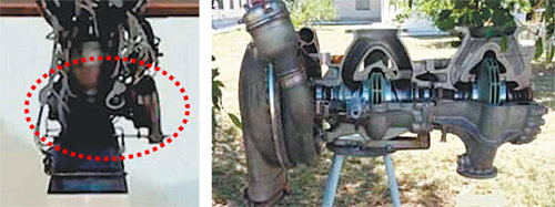 北-우크라 ‘쌍둥이’ 터보펌프 북한이 지난해 3월 실험 장면을 공개한 신형 미사일 엔진에 달린 터보펌프(왼쪽 사진)는 우크라이나제 RD-250 엔진 터보펌프와 동일하다. 사진 출처 노르베르트 브뤼게 홈페이지