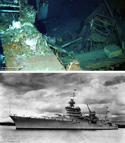 18일 태평양 해저 5500m에서 발견된 미국 해군 중순양함 인디애나폴리스함의 잔해(위쪽 사진)와 침몰 전 함정의 모습. 사진 출처 데일리메일