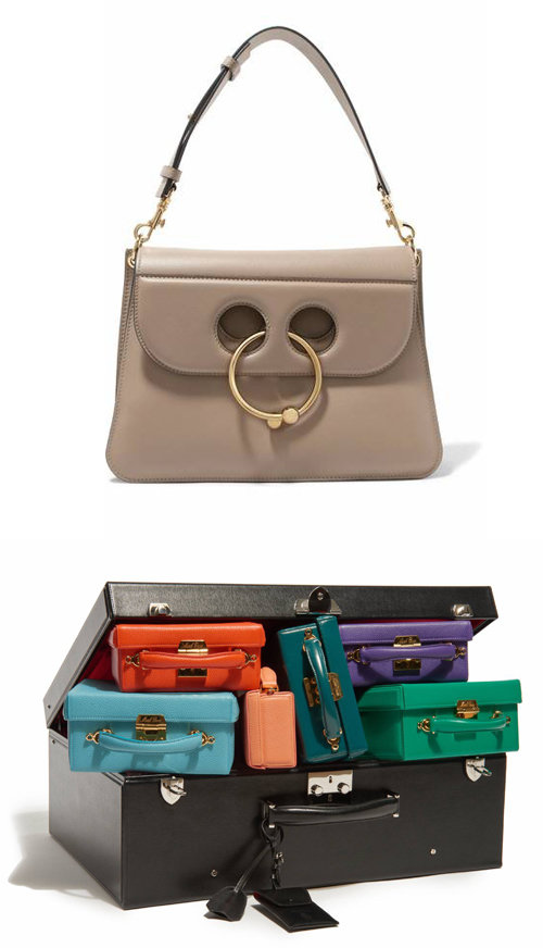 해외 패션 스트리트 컷에 자주 포착되는 가방들. 영국 디자이너 JW 앤더슨의 피어싱 백(위쪽)과 박스 형태 모양이 고급스러운 미국 마크 크로스의 그레이스 백.