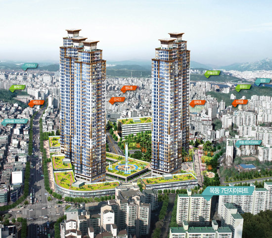 ‘목동 신시가지 휴엔하임’은 서울 지하철 5호선 목동역이 도보 3분 거리인 역세권 아파트다. 목동은 우수한 학군을 끼고 있는 지역이어서 실수요자들의 관심이 높다. 사진은 목동 신시가지 휴엔하임 광역조감도.