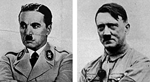 1940년 10월 16일 뉴욕타임스 ‘위대한 독재자’ 특집기사에 실린 채플린(왼쪽)과 히틀러의 사진.
